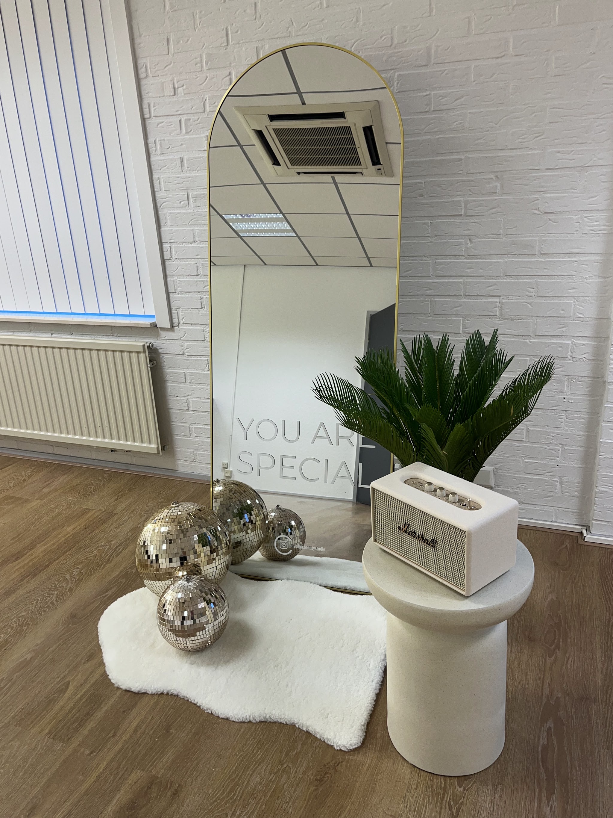 Hoek van de salon met een hoge boogspiegel, een plant, een speaker en spiegelballen